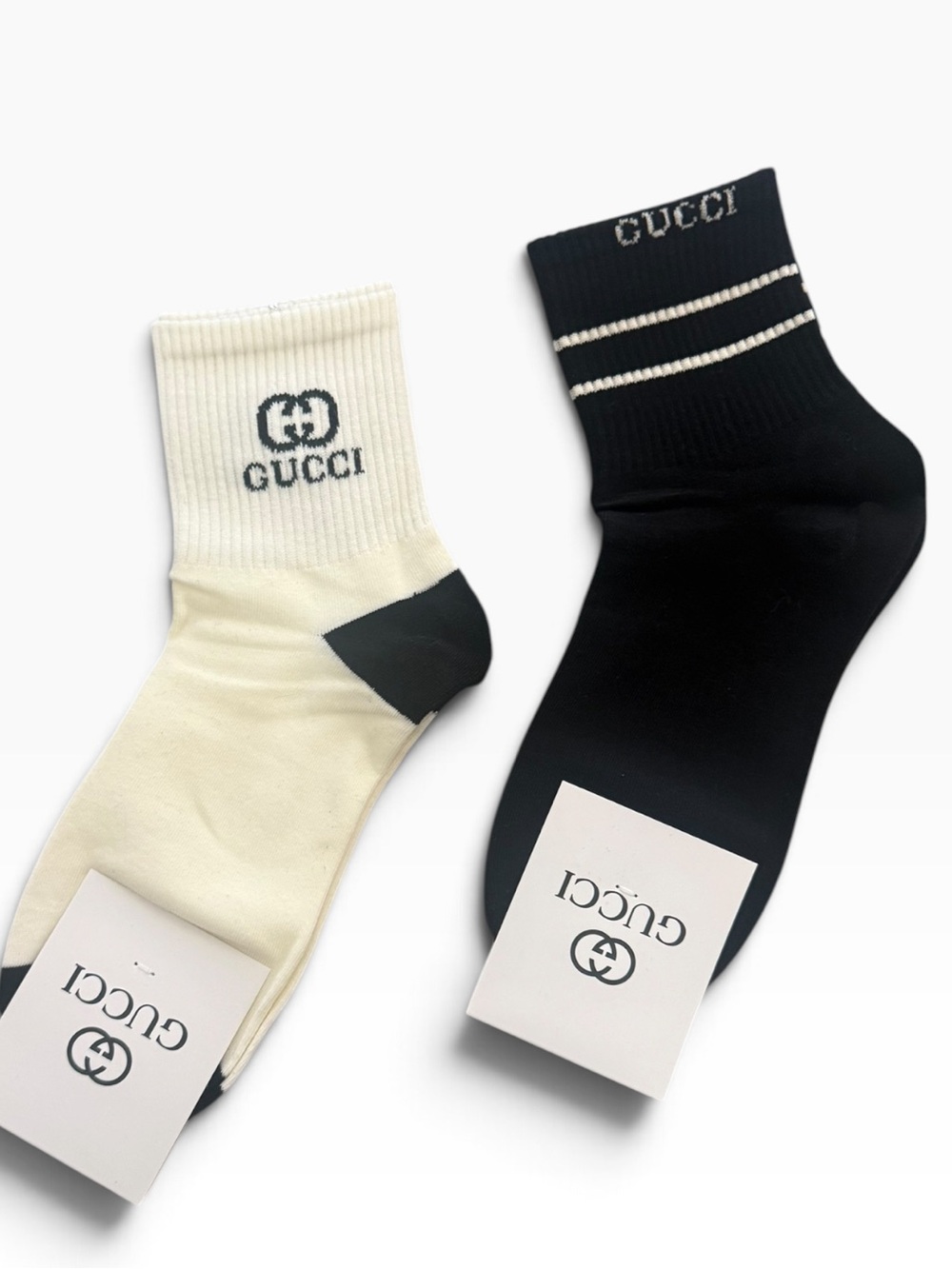 2 Pair Gucci Outlet Women’s Logo Crew Socks in Black & Cream